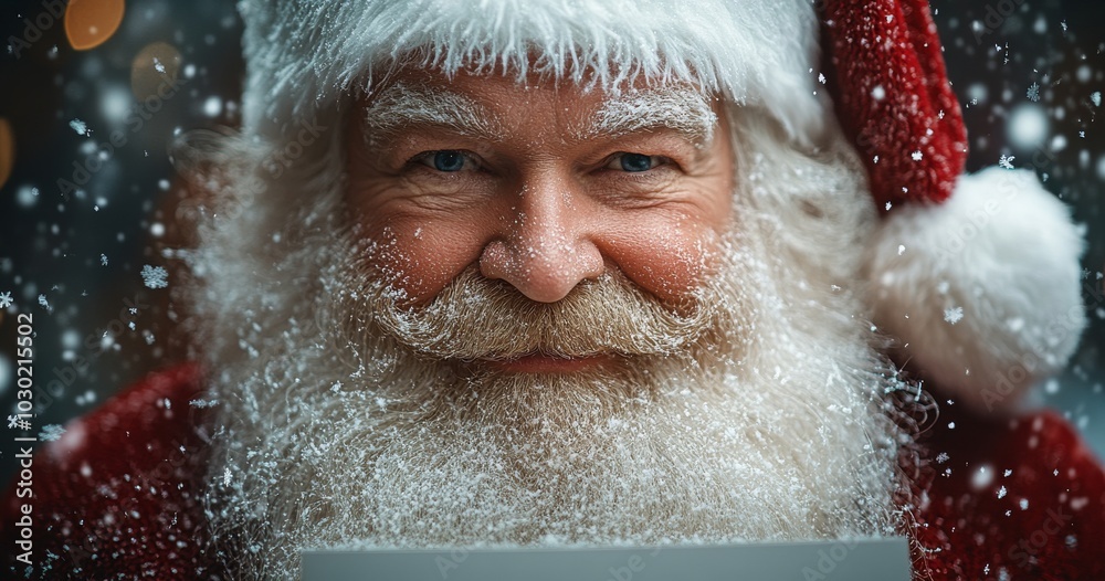 The smiling Santa Claus points at the blank advertisement banner background with the copy space The smiling Santa Claus points at the blank advertisement banner background with the copy space