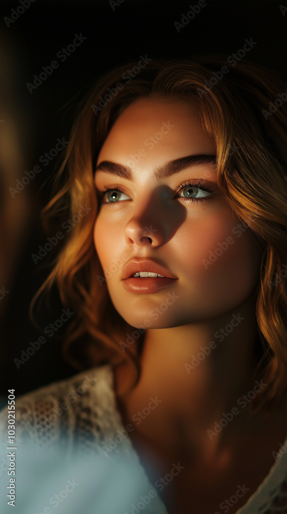 Over-the-shoulder view of a woman gazing into a mirror, with soft side lighting illuminating half of her face. Her smooth, radiant skin and thoughtful expression evoke a calm and intimate atmosphere