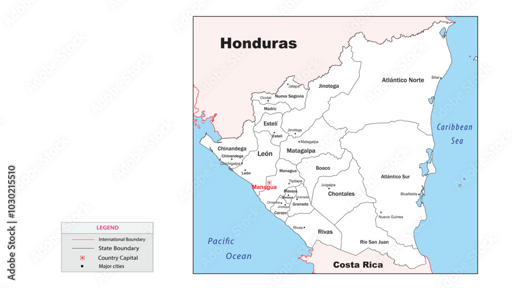 Nicaragua Map. State map of Nicaragua. Administrative map of Nicaragua with state and capital in white color. Nicaragua Map. State map of Nicaragua. Administrative map of Nicaragua with state and capital in white color.