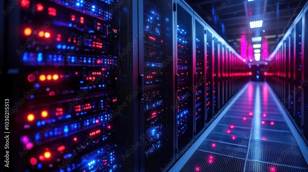 A row of server racks in a data center, lit with red and blue lights. A row of server racks in a data center, lit with red and blue lights.