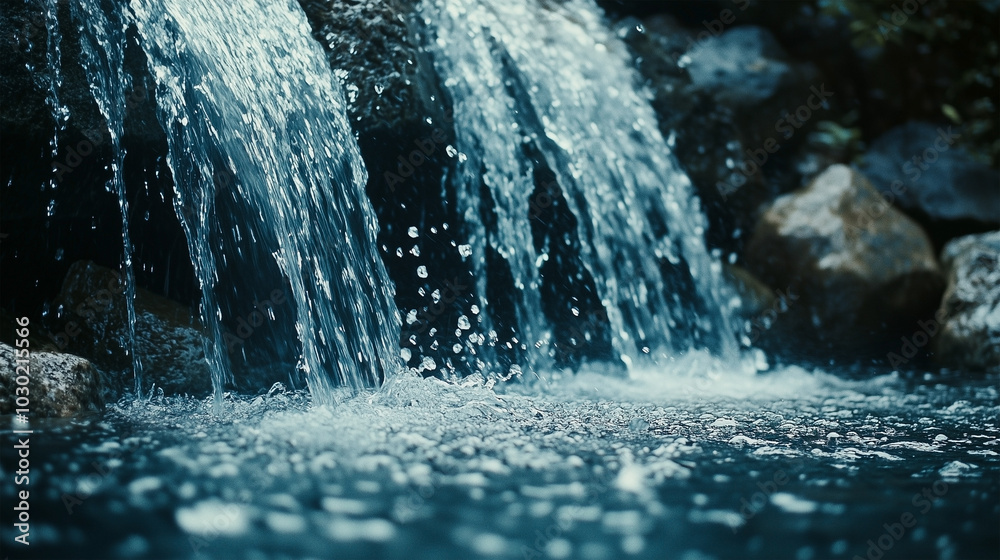A waterfall is flowing into a body of water A waterfall is flowing into a body of water