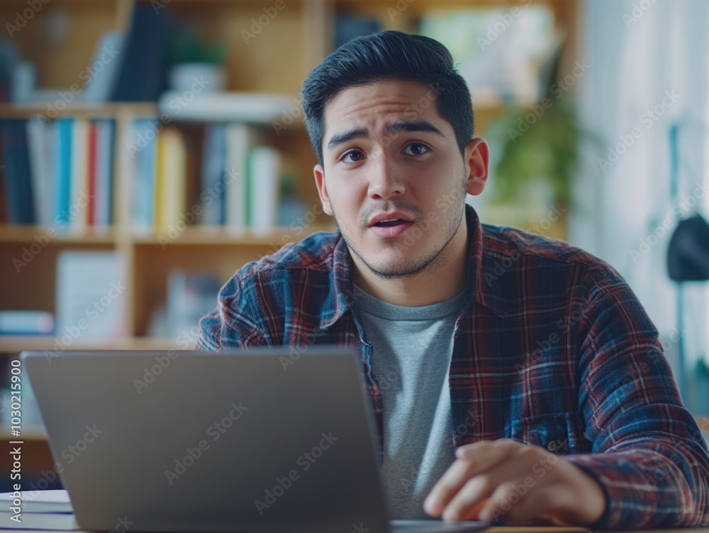 Contemplative Man Working on Laptop in Home Office Contemplative Man Working on Laptop in Home Office
