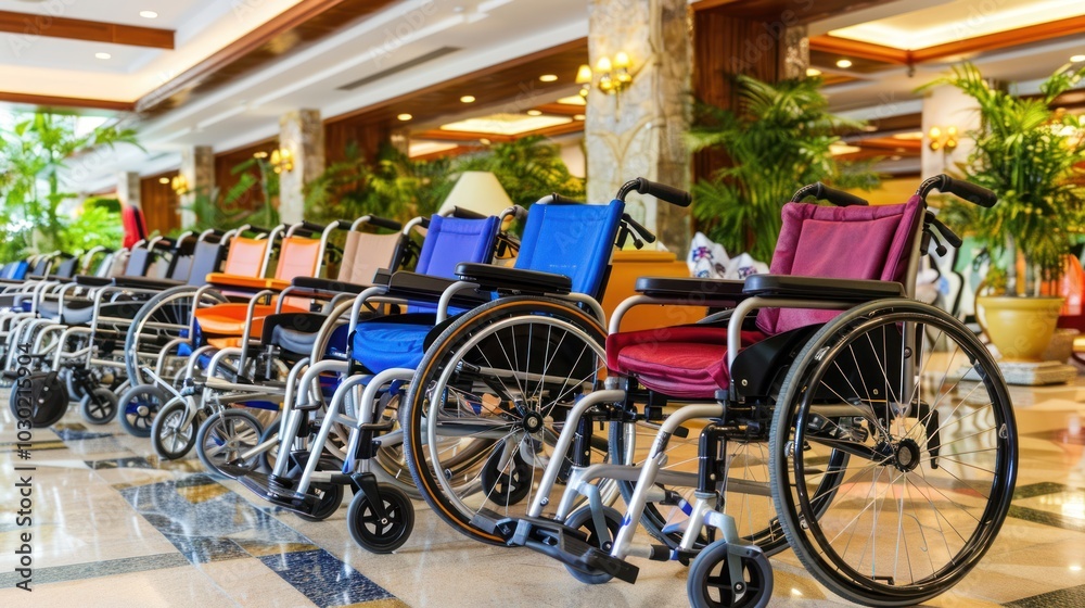 A row of colorful wheelchairs lined up in a hotel lobby A row of colorful wheelchairs lined up in a hotel lobby