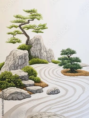 Fototapeta samoprzylepna Tranquil Zen Garden Watercolor Painting
