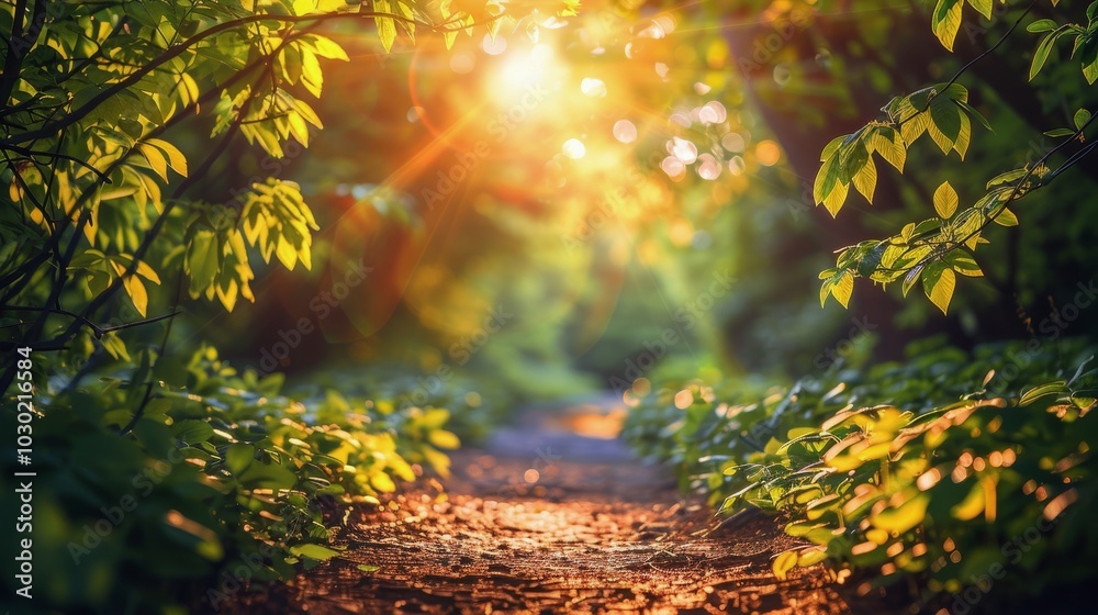 Obraz premium A tranquil forest path illuminated by the warm glow of sunset during the golden hour