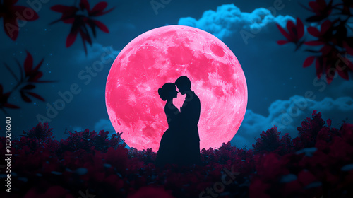 A romantic silhouette of a couple kissing against a vivid pink full moon