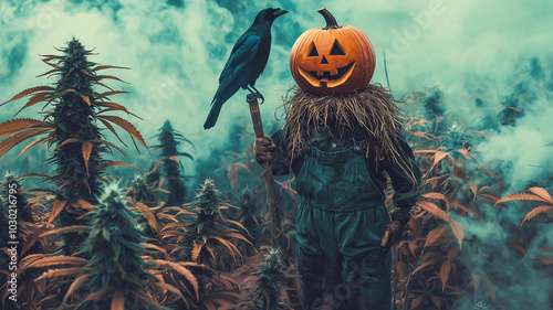 A spooky jack-o'-lantern scarecrow with a perched raven stands in a misty cannabis field