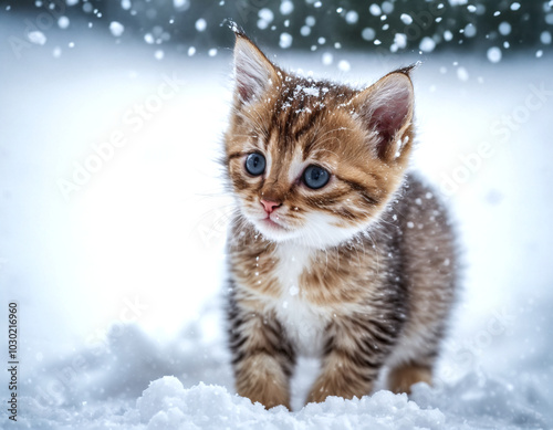 Kitten standing in the snow. Curious expression with a brown and white fur pattern. Winter scene with cute pets. 