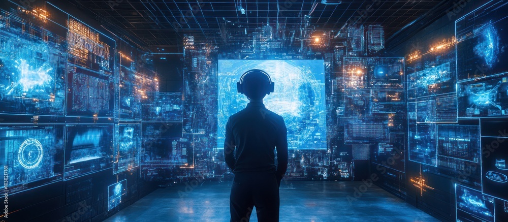 A person wearing a VR headset stands in front of a wall of digital screens displaying data and graphics. A person wearing a VR headset stands in front of a wall of digital screens displaying data and graphics.