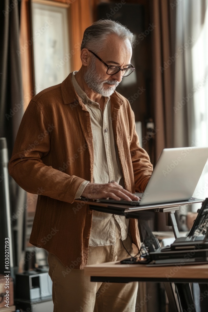 Mature man using laptop in a warm home setting Mature man using laptop in a warm home setting