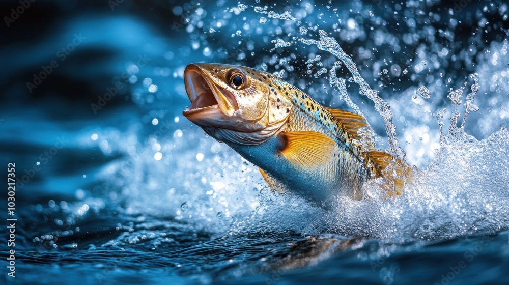 A trout leaps from the water, creating a spray of water droplets. A trout leaps from the water, creating a spray of water droplets.