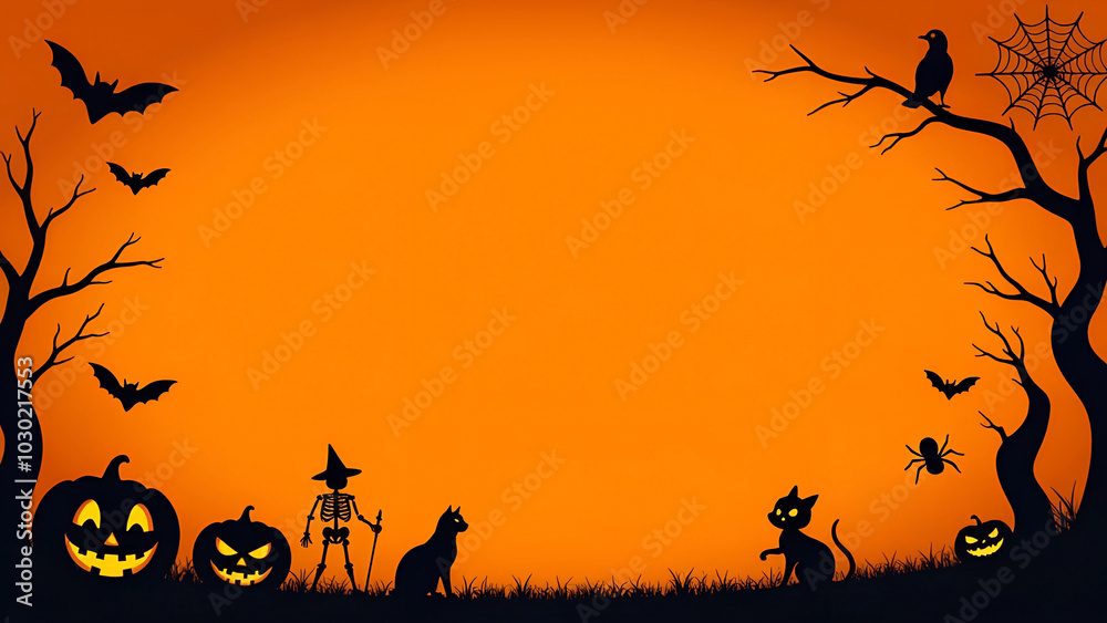Halloween orange banner with a space for text. The border of the banner is the black silhouettes of classic Halloween elements - jack-o'-lantern, a skeleton, a cats, a crow, bats, spiderweb and spider Halloween orange banner with a space for text. The border of the banner is the black silhouettes of classic Halloween elements - jack-o'-lantern, a skeleton, a cats, a crow, bats, spiderweb and spider
