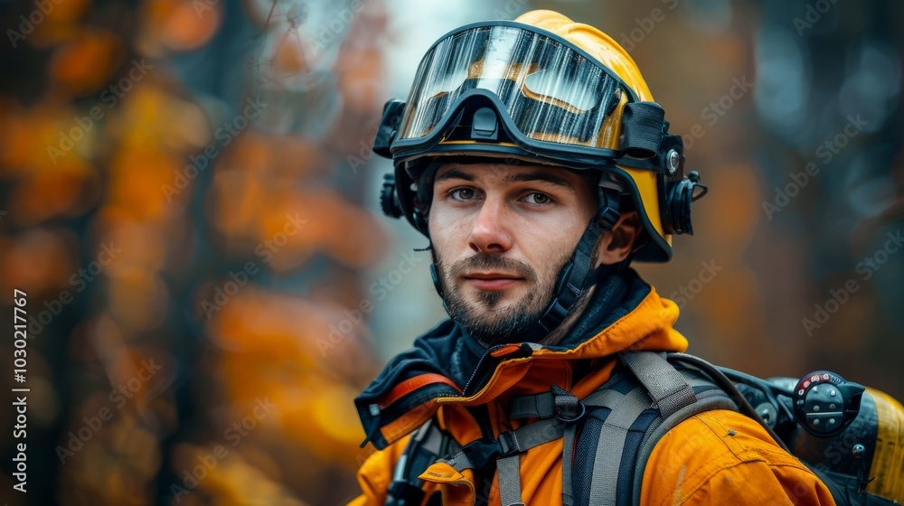 Firefighter in bright orange gear stands ready in a vibrant autumn forest during wildfire season Firefighter in bright orange gear stands ready in a vibrant autumn forest during wildfire season