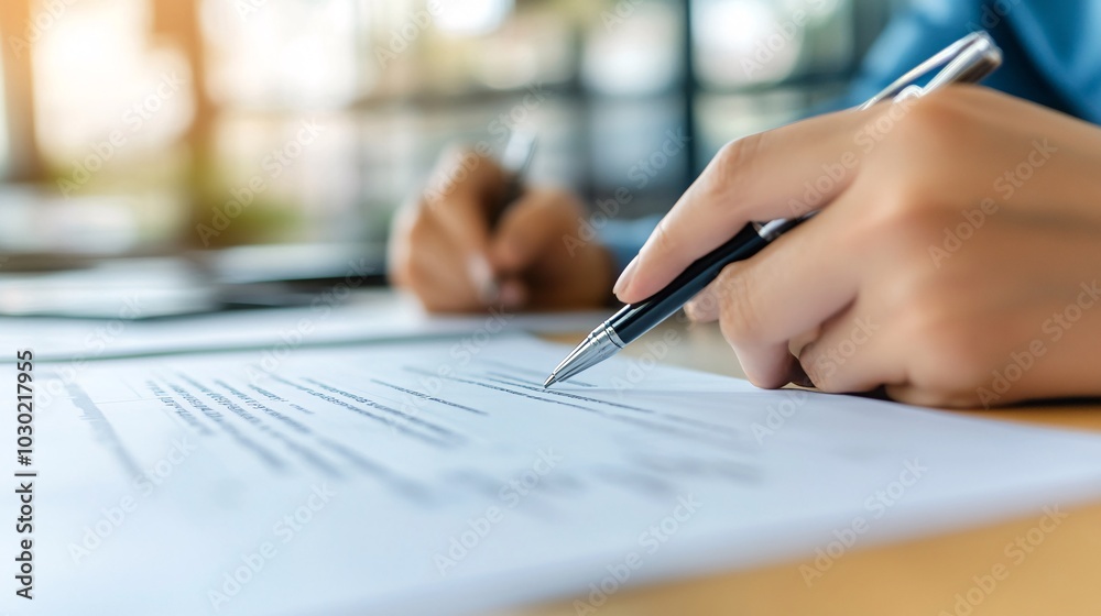 Entrepreneur reviewing loan documents with an advisor in a modern, well-lit office Stock Photo with side copy space Entrepreneur reviewing loan documents with an advisor in a modern, well-lit office Stock Photo with side copy space