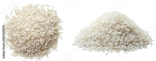 Piles of uncooked white rice grains isolated on transparent background, raw food ingredient for cooking, essential staple food, healthy grains, and diet concept, top and side view