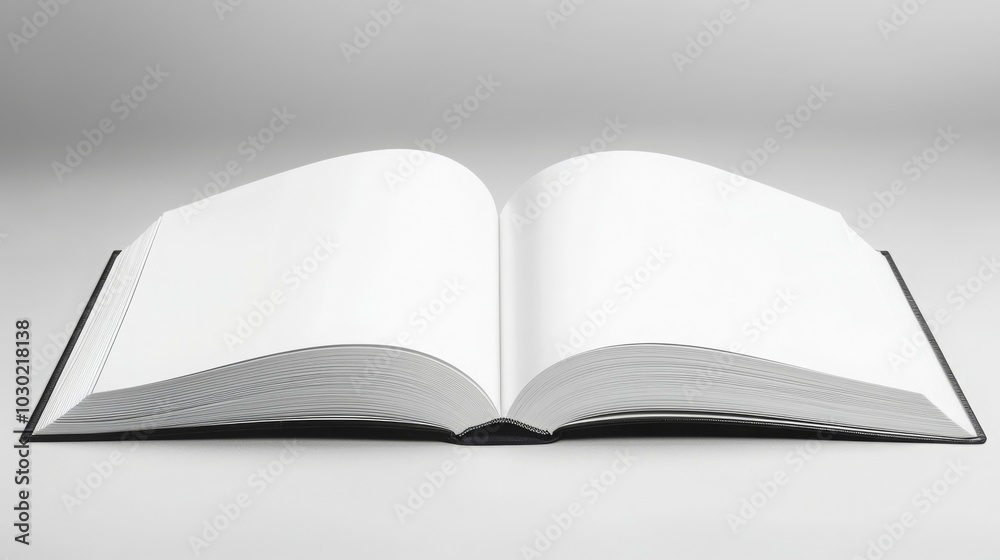An open book with blank pages, displaying its spine and leaf edges, set against a minimalist background. An open book with blank pages, displaying its spine and leaf edges, set against a minimalist background.