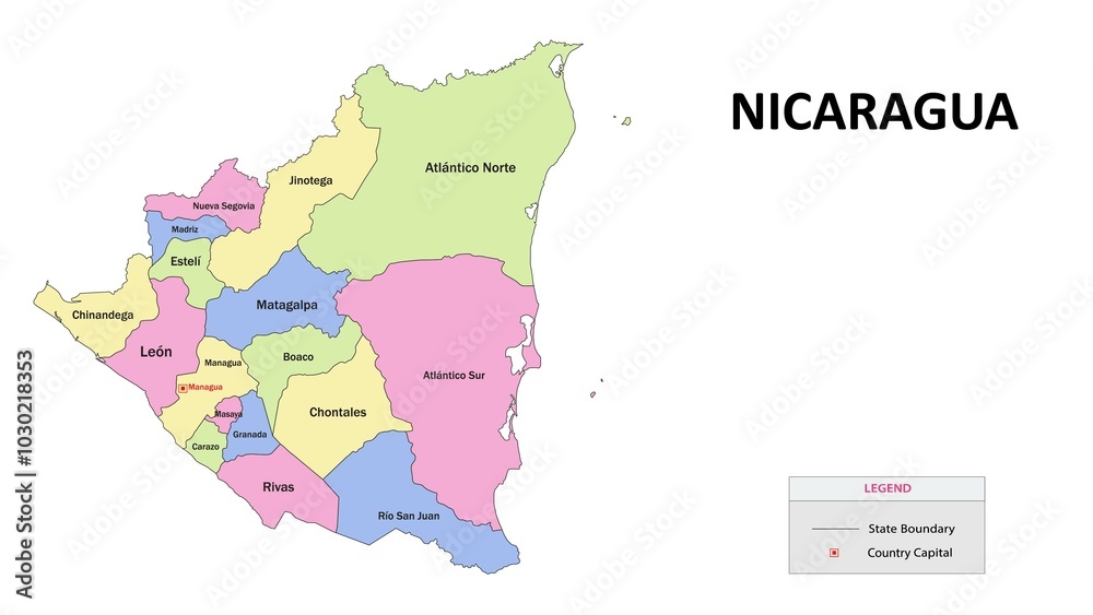 Obraz premium Nicaragua Map. State map of Nicaragua. State map of Nicaragua in colour with capital.