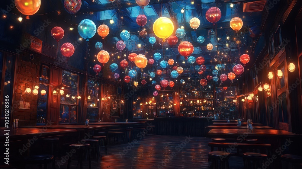 A cozy restaurant with a wooden bar, tables and chairs, and a ceiling filled with colorful balloons. A cozy restaurant with a wooden bar, tables and chairs, and a ceiling filled with colorful balloons.