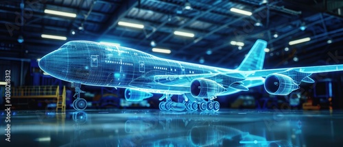 Hologram of Advanced Aircraft in Industrial Setting
