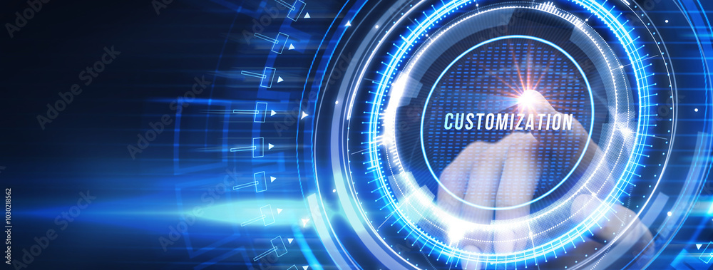 Business, technology, internet and network concept. Virtual screen of the future and sees the inscription: Customization. Business, technology, internet and network concept. Virtual screen of the future and sees the inscription: Customization.