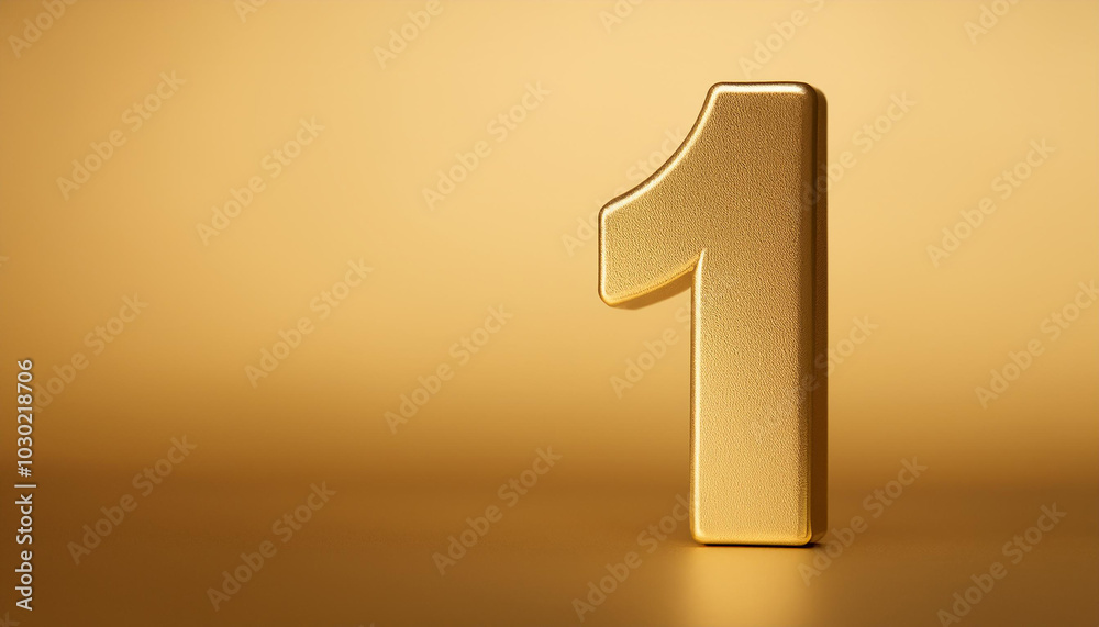 Golden number 1 one on golden background with gradient. First place. Copy space. 3D rendering. Golden number 1 one on golden background with gradient. First place. Copy space. 3D rendering.