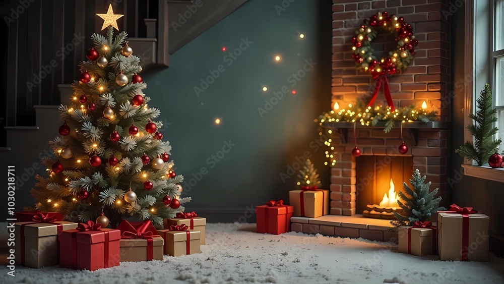 Beautiful Christmas tree with sparkling decorations and Christmas gifts Beautiful Christmas tree with sparkling decorations and Christmas gifts