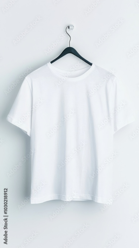 A simple, unadorned white t-shirt hanging from a hanger against a light background, showcasing minimalistic fashion. A simple, unadorned white t-shirt hanging from a hanger against a light background, showcasing minimalistic fashion.
