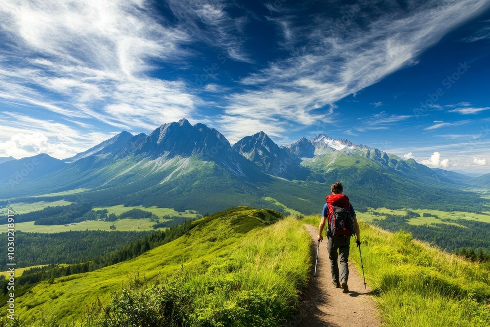 Trekking through epic mountain landscapes with a big backpack, experiencing nature in all its freedom Trekking through epic mountain landscapes with a big backpack, experiencing nature in all its freedom