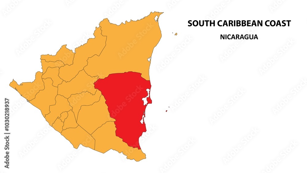 Obraz premium South Caribbean Coast Map is highlighted on the Nicaragua map with detailed state and region outlines.