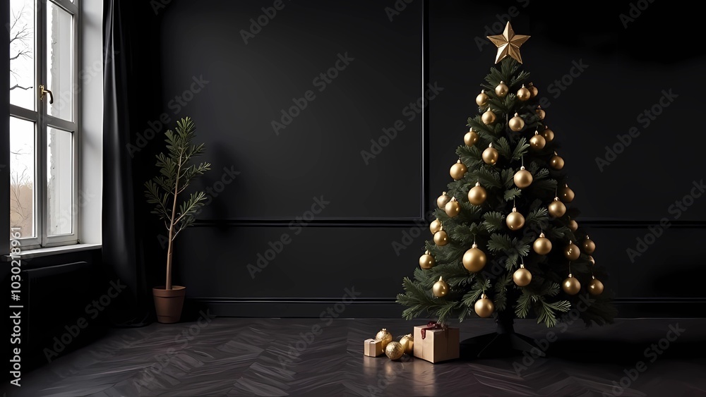 Fototapeta premium Rich Christmas tree with gold ornaments against dark walls