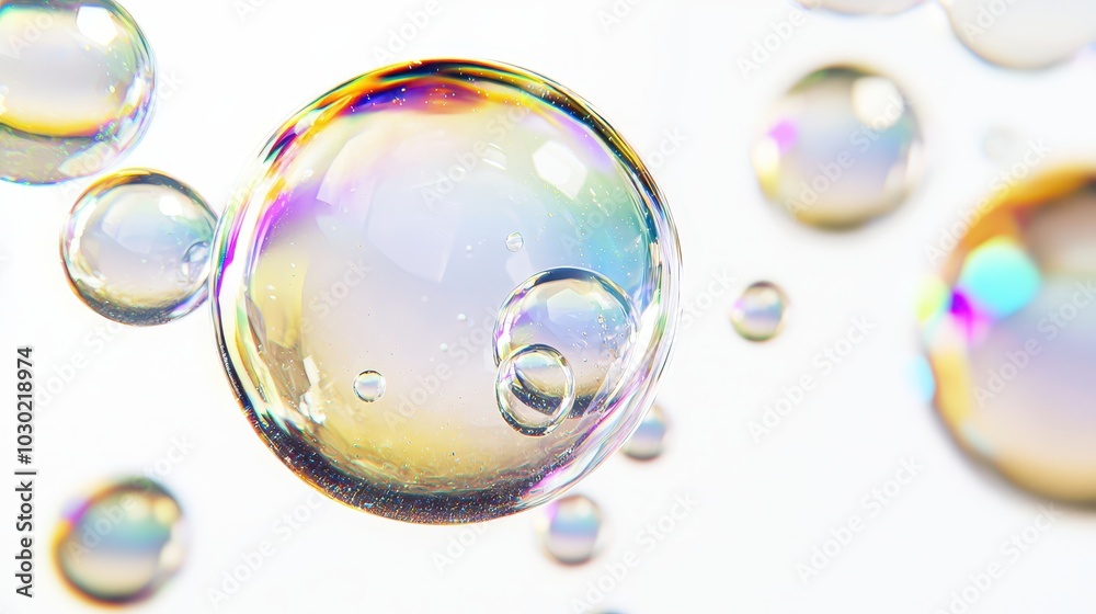 Flying soap bubbles gently floating and isolated on a white background, perfect for abstract, whimsical designs, children's themes, and playful concepts. Flying soap bubbles gently floating and isolated on a white background, perfect for abstract, whimsical designs, children's themes, and playful concepts.