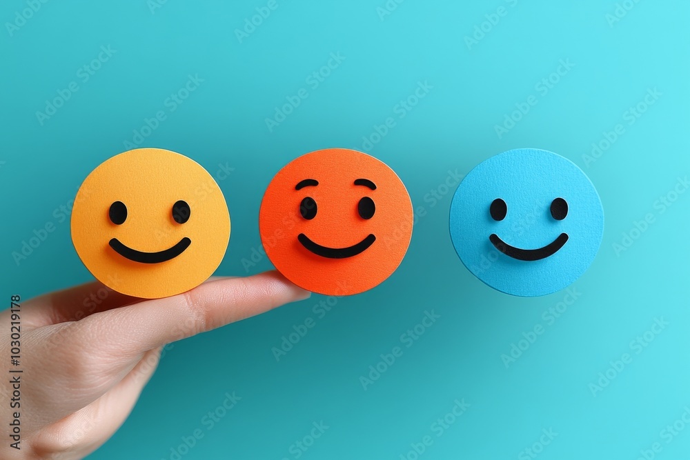 Hand-chosen happy smile face paper cut, positive feedback rating, mental health assessment, child wellness, world mental health day, think positively, compliment day concept Hand-chosen happy smile face paper cut, positive feedback rating, mental health assessment, child wellness, world mental health day, think positively, compliment day concept