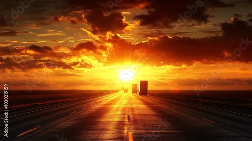 Cargo trucks driving along a highway at sunrise transporting goods across the country Stock Photo with side copy space