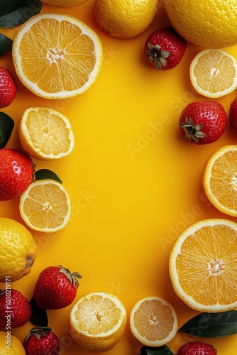 Fresh oranges, apples, and raspberries arranged artfully on a marble countert...
