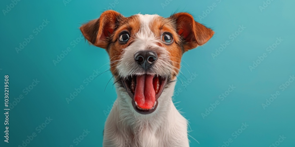 Cute puppy with a joyful expression against a colorful background in a studio setting