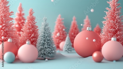 Elegant Christmas ornaments hanging over snowy backdrop with holiday decorations
