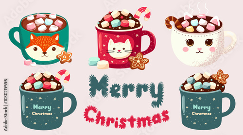 Set of hot drinks topped with marshmallow and gingerbread. Christmas hot chocolate marshmallow. Seasonal winter treats. Flat vector illustration.