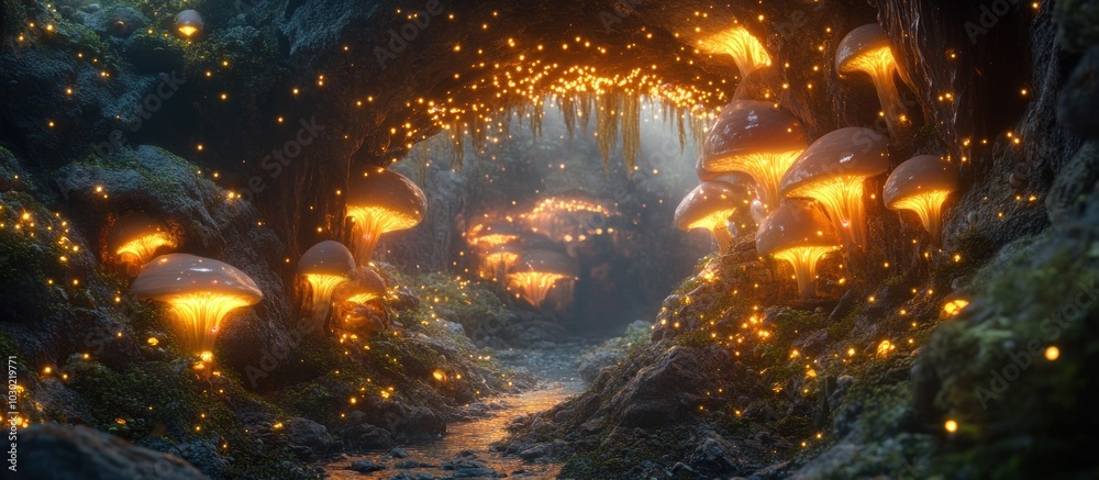 A mystical glowing forest path with a stream and glowing mushrooms. A mystical glowing forest path with a stream and glowing mushrooms.