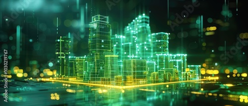 Futuristic Green Hologram Cityscape Design