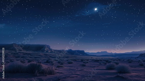 Night View of a Desert with a Bright Star and Distant Mountains