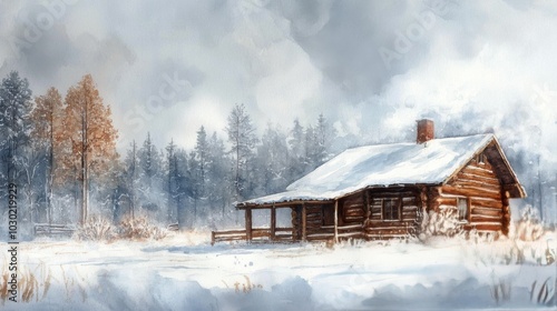 Cozy log cabin surrounded by snow-covered woods during a serene winter day