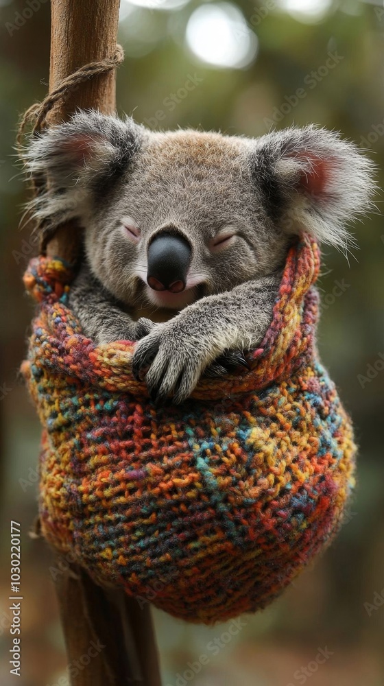 Obraz premium Koala sleeping peacefully in a colorful wool pouch.