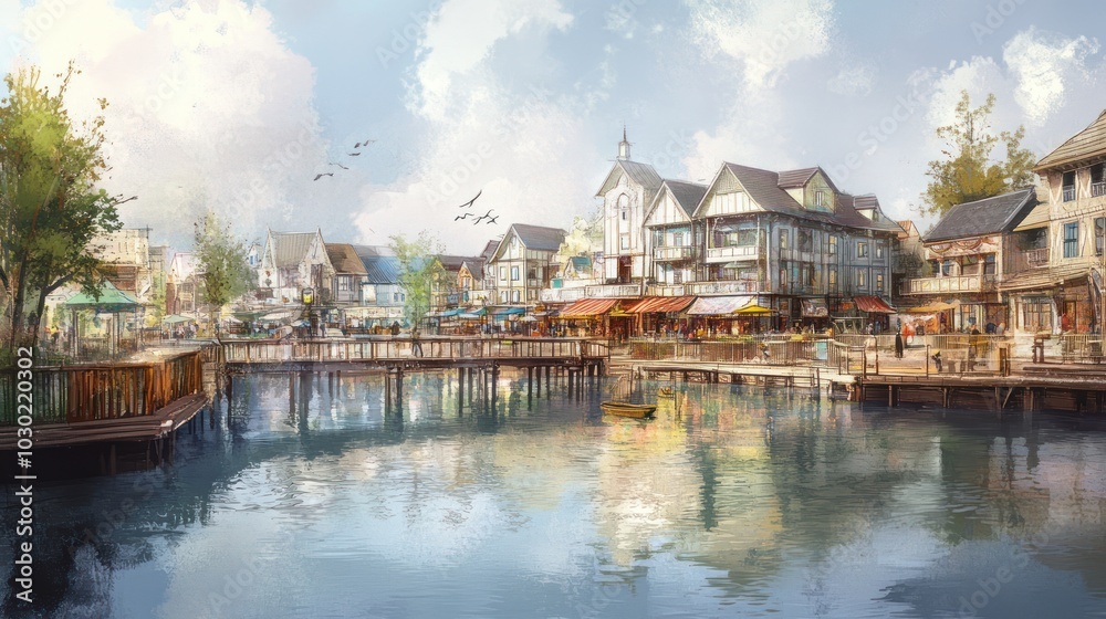 Fototapeta premium A picturesque waterfront village with charming shops and a bridge over a calm canal.