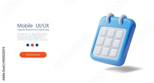 3D vector illustration of a blue calendar icon with a minimalist design, featuring white squares representing days. The icon is shown in a floating perspective with a soft shadow.