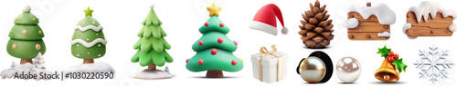 3D vector illustration of various Christmas-themed elements including Christmas trees, Santa hat, pinecone, snow-covered wooden signs, gift box, ornaments, bells, and snowflakes