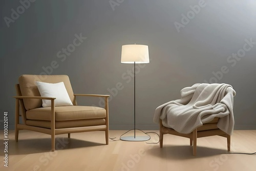 An interior scene showcasing two chairs beside a lamp, enhancing the room's comfort and aesthetic appeal. photo