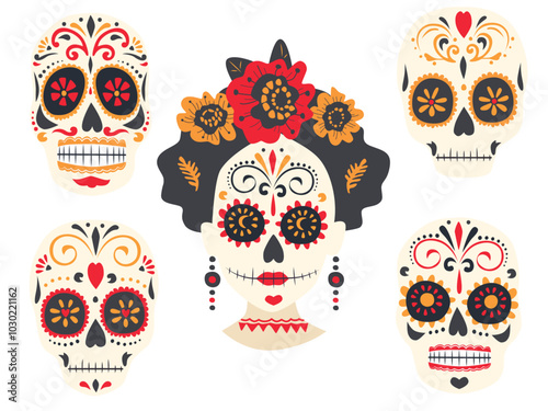 Set of Mexican sugar skull. Day of the Dead Skull. Dia de los Muertos. Design element for logo, emblem, sign, poster, card, banner.