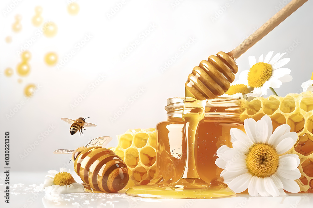 Honey vector elements featuring honeycombs, jar, dipper, bee generative ai Honey vector elements featuring honeycombs, jar, dipper, bee generative ai