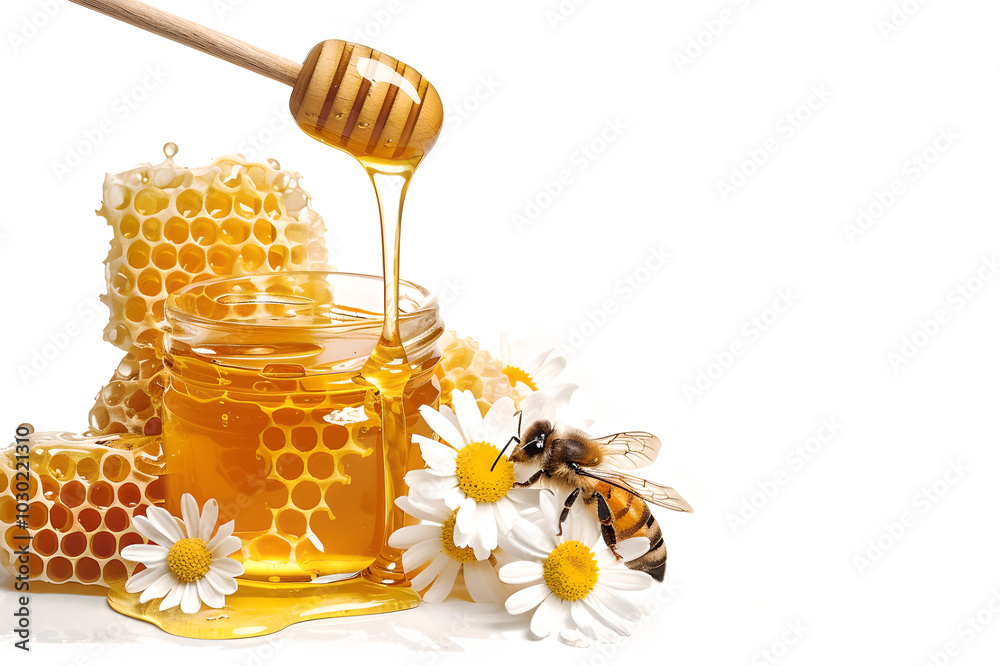 Honey vector elements featuring honeycombs, jar, generative ai Honey vector elements featuring honeycombs, jar, generative ai
