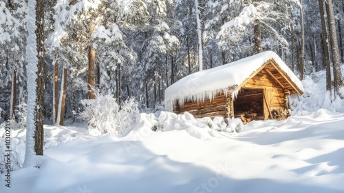 Snow-Covered Woodshed in a Remote Forest - Ideal for Winter-Themed Designs